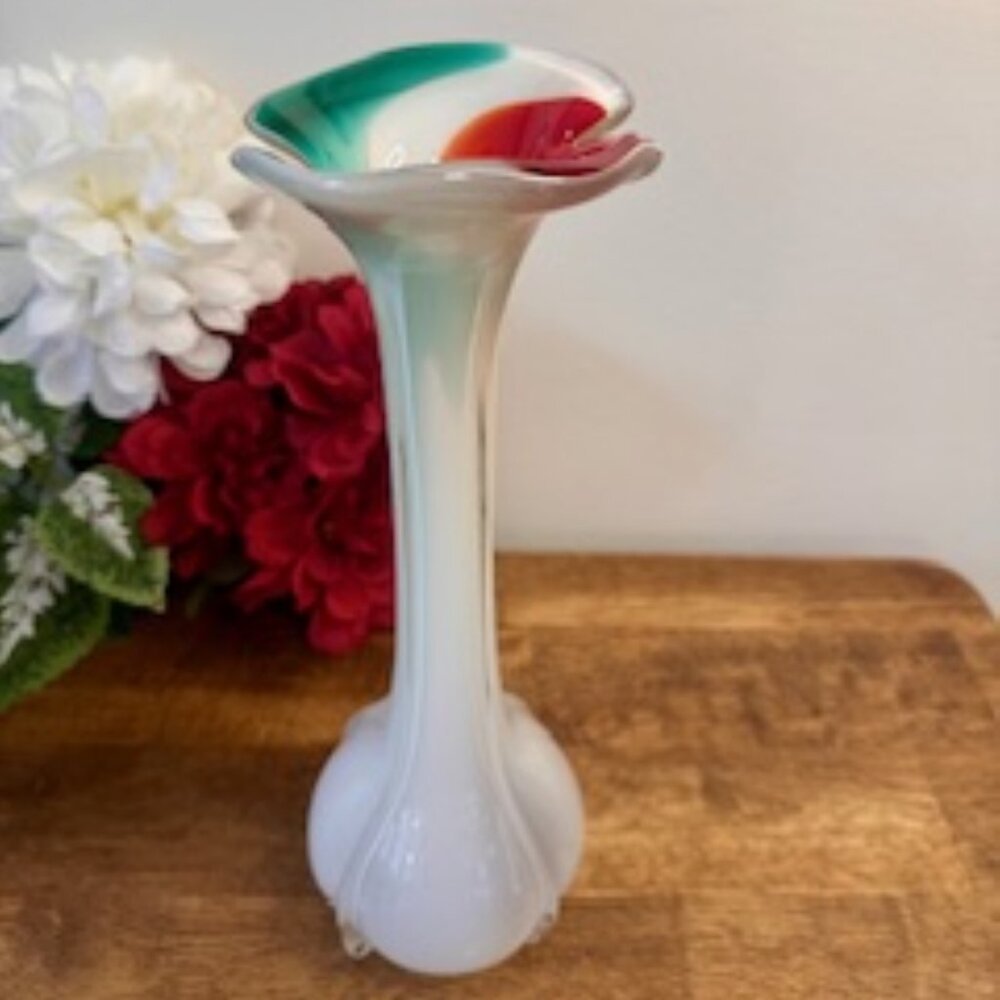 Vintage Hand Blown Art Glass Vase White Base Red Green Swirl Ruffled Top